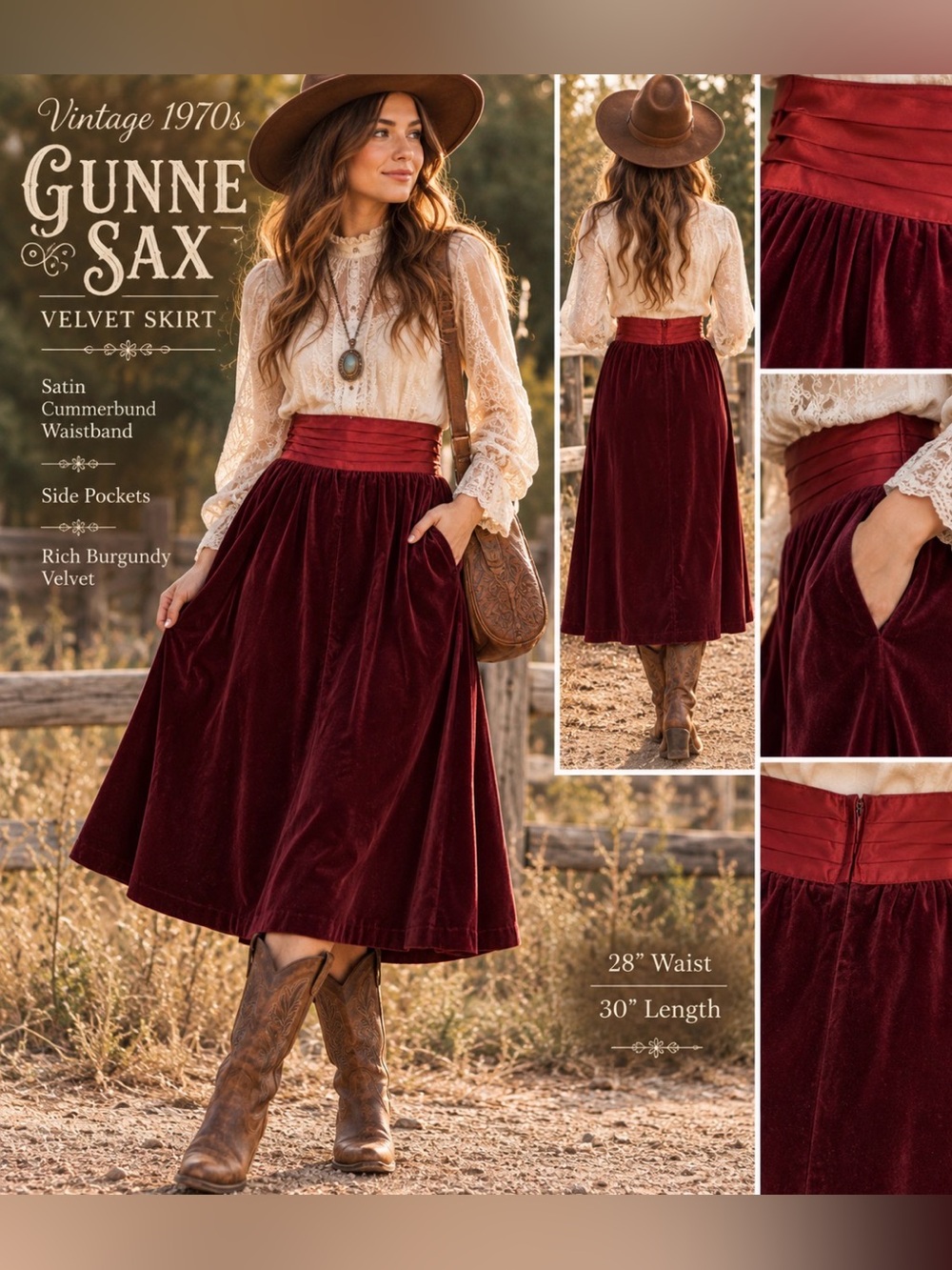 Gunne Sax /vintage 70s- Velvet western Skirt with Satin Cummerbund -Waist 28”